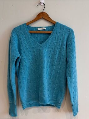 William Lockie Teal Cable-Knit V-Neck Sweater 💯 cashmere M